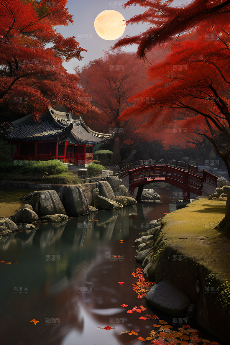 古建筑与溪流夜晚的红叶枫树和明月