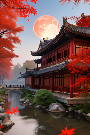 古建筑与溪流夜晚的红叶枫树和明月