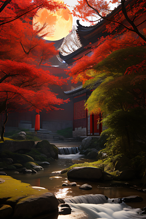 古建筑与溪流夜晚的红叶枫树和明月