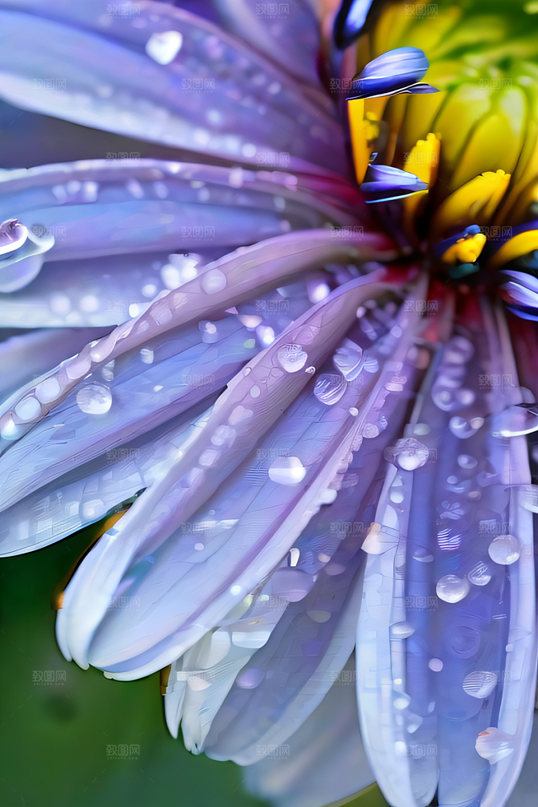 水晶菊花的美丽花瓣上的晶莹露珠