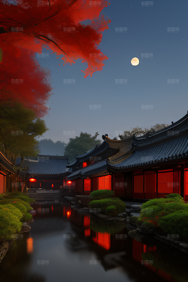 古代中国的超真实渲染溪流畔的江南古建筑