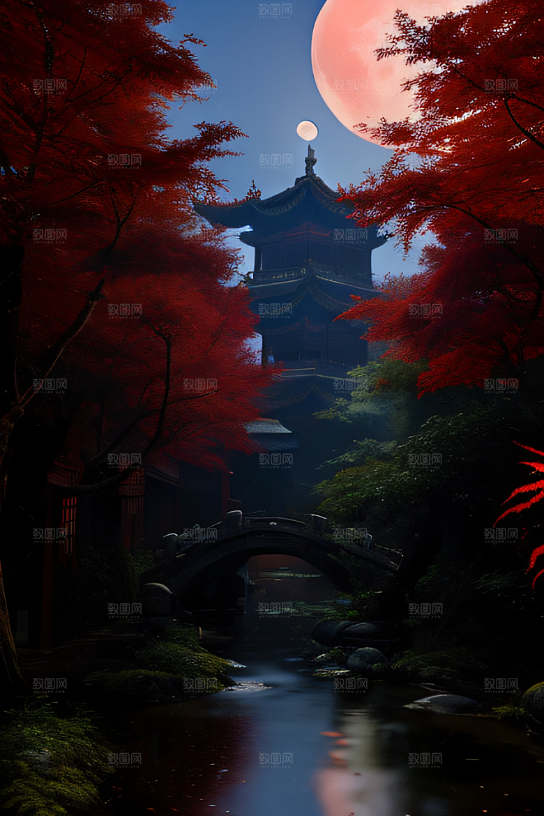 古代中国的超真实渲染溪流畔的江南古建筑