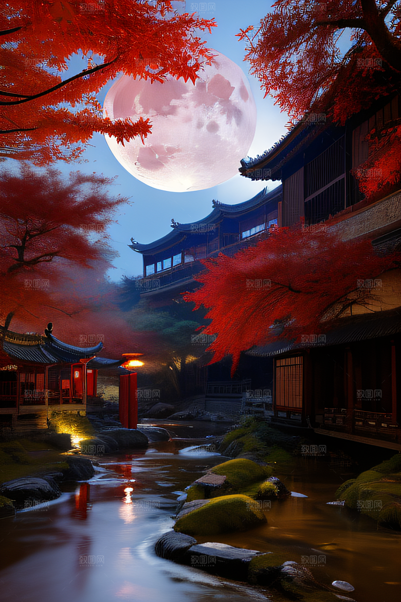 古代中国的超真实渲染溪流畔的江南古建筑