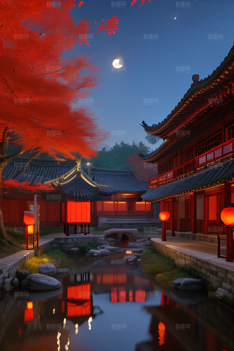 古代中国的超真实渲染溪流畔的江南古建筑