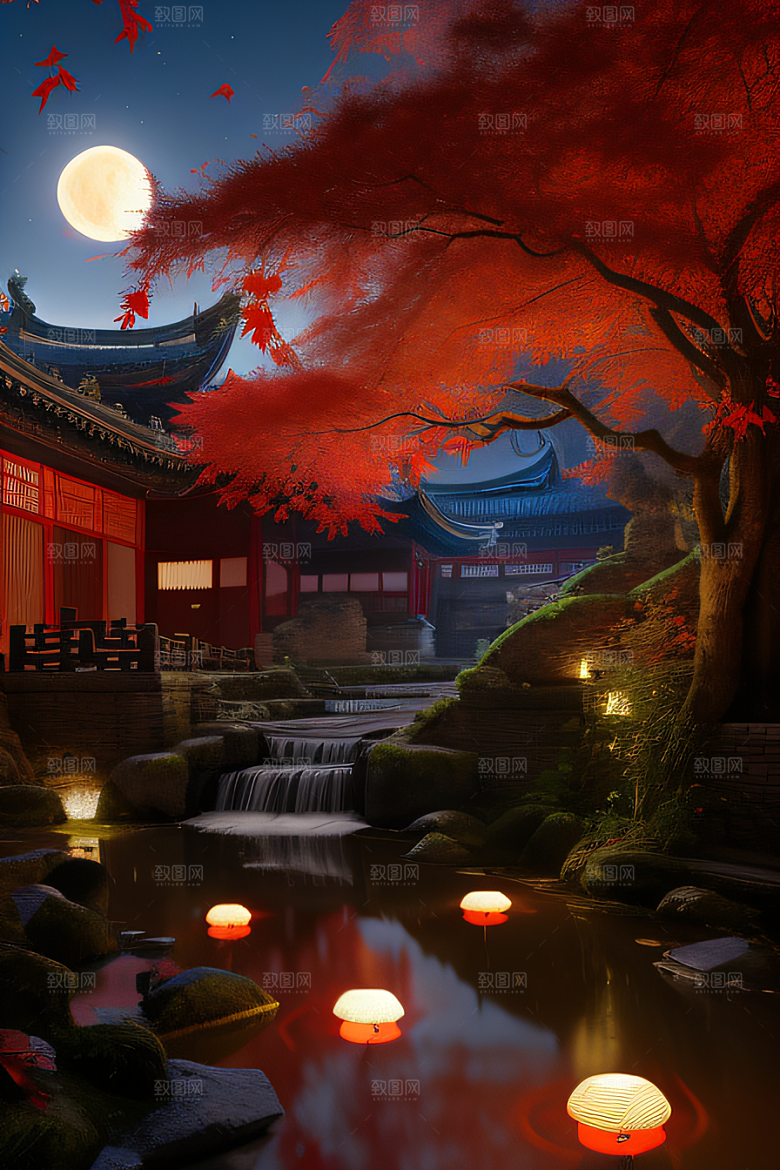 古建筑与溪流夜晚的红叶枫树和明月
