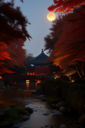 古建筑与溪流夜晚的红叶枫树和明月