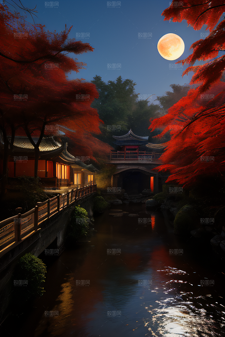 古建筑与溪流夜晚的红叶枫树和明月