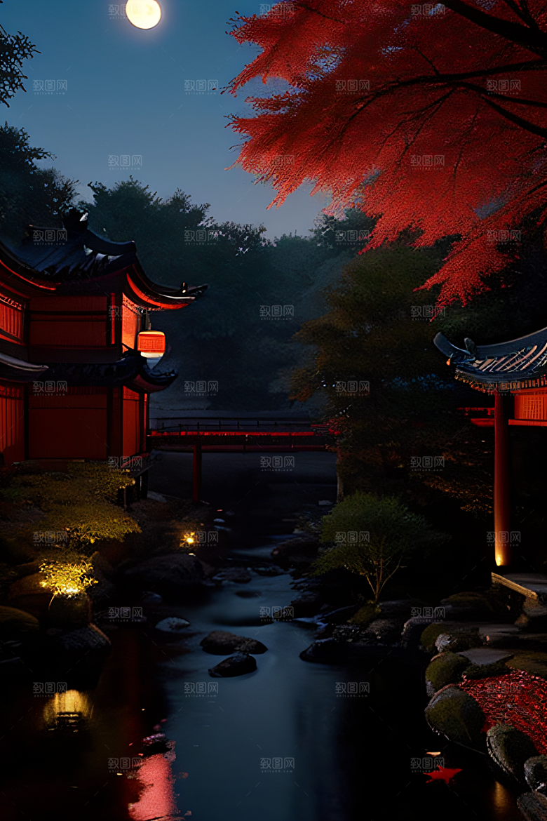 古建筑与溪流夜晚的红叶枫树和明月