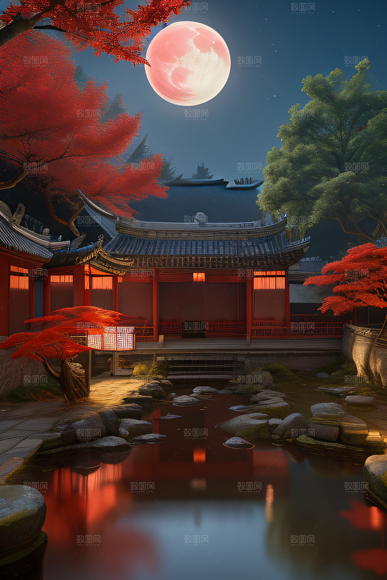 古建筑与溪流夜晚的红叶枫树和明月