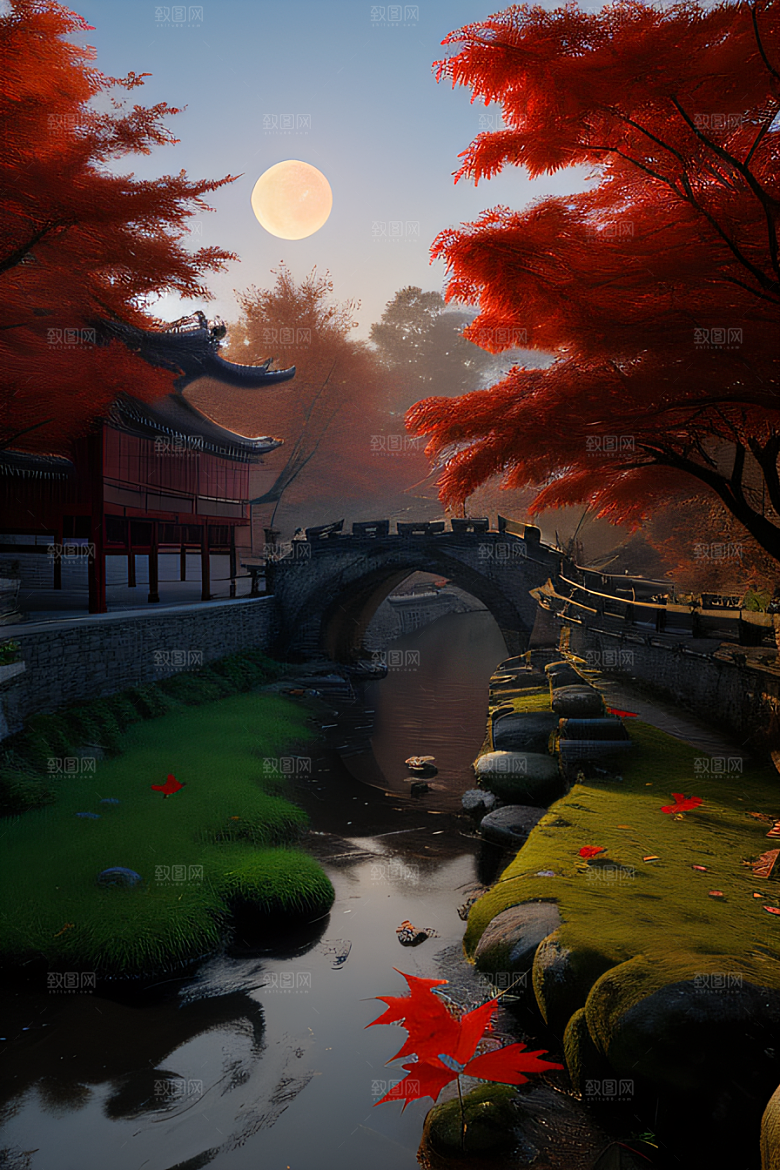 古建筑与溪流夜晚的红叶枫树和明月