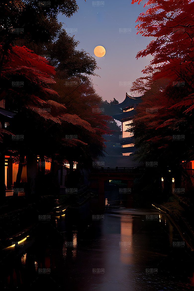 古建筑与溪流夜晚的红叶枫树和明月