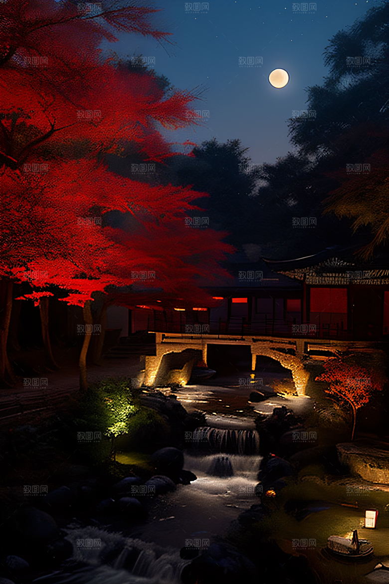 古建筑与溪流夜晚的红叶枫树和明月