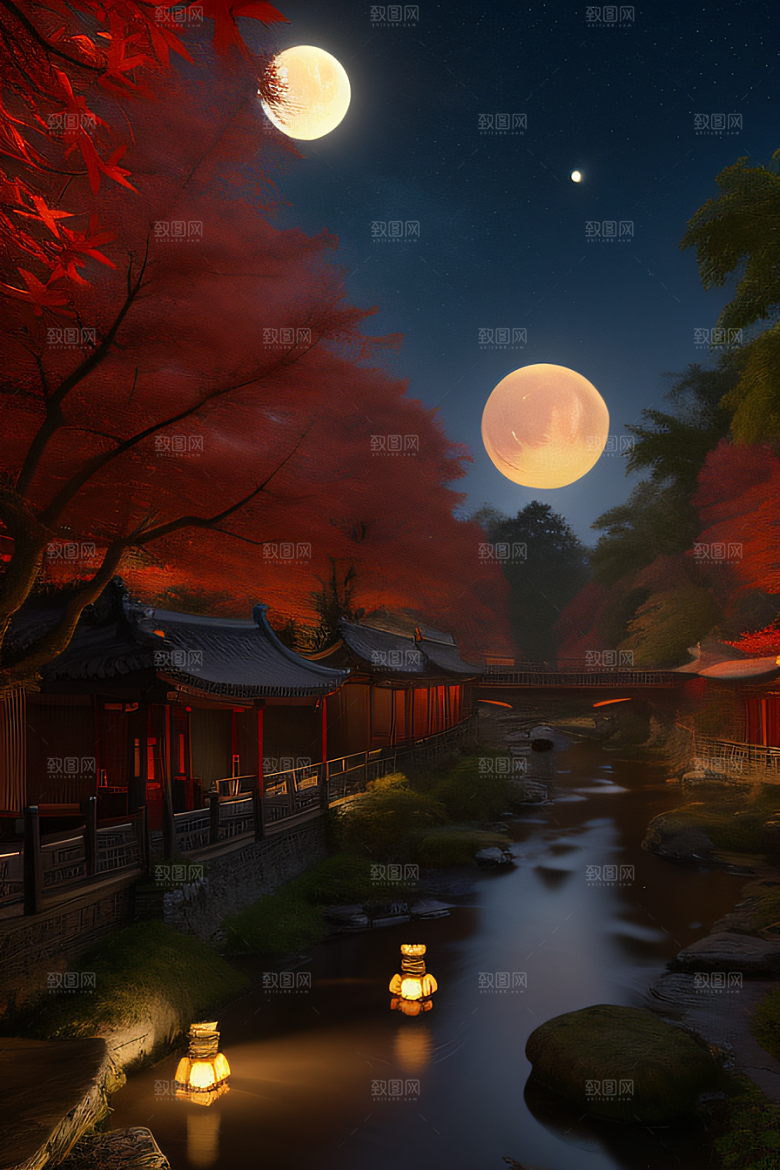 古建筑与溪流夜晚的红叶枫树和明月