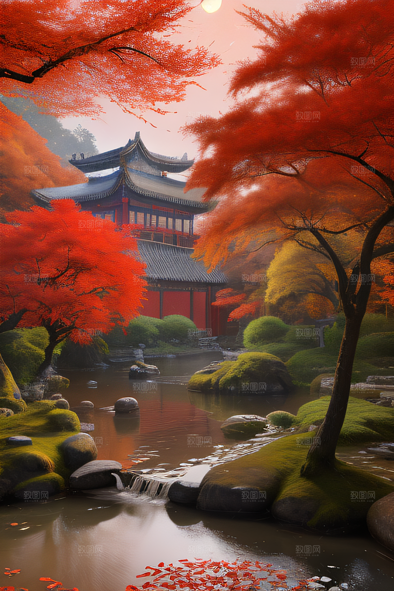 古建筑与溪流夜晚的红叶枫树和明月