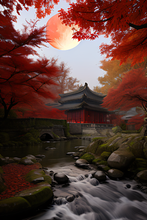 古建筑与溪流夜晚的红叶枫树和明月