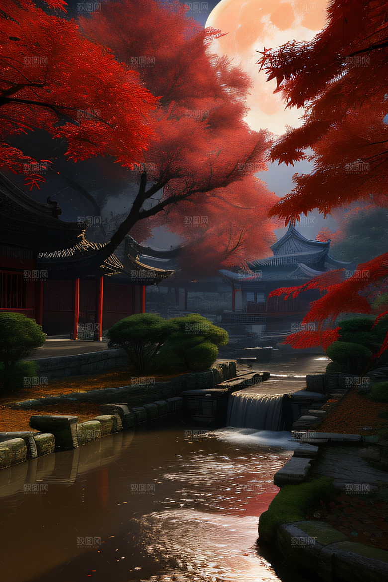 古建筑与溪流夜晚的红叶枫树和明月