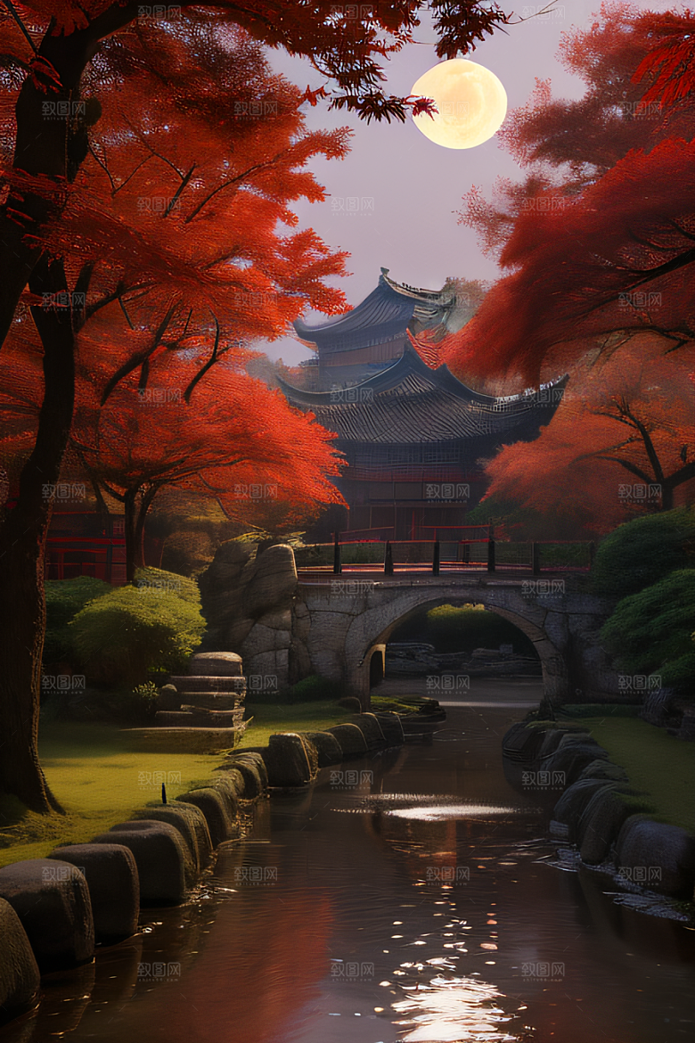 古建筑与溪流夜晚的红叶枫树和明月