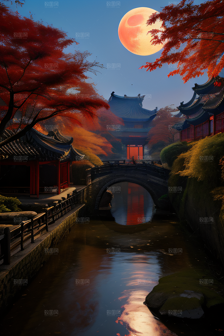 古建筑与溪流夜晚的红叶枫树和明月