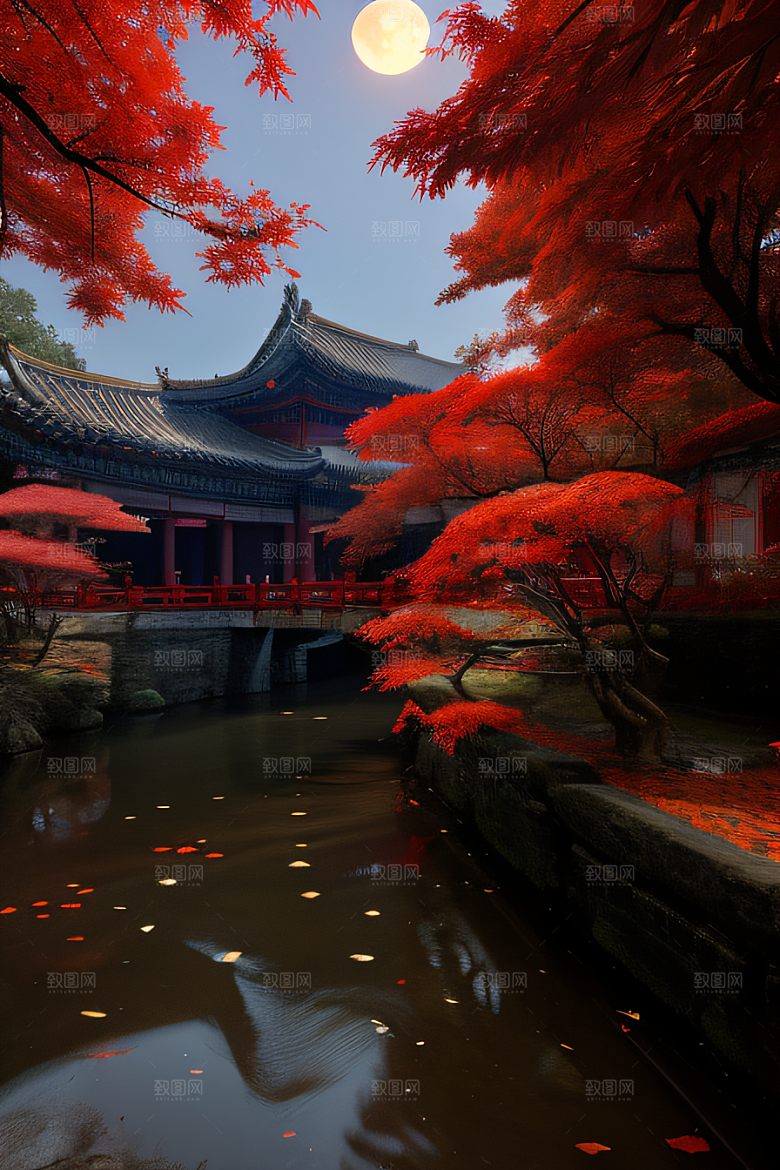 古建筑与溪流夜晚的红叶枫树和明月