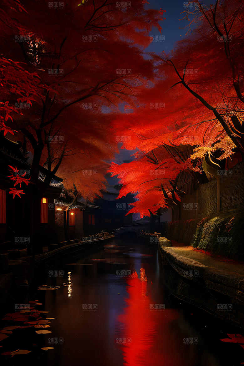 古建筑与溪流夜晚的红叶枫树和明月