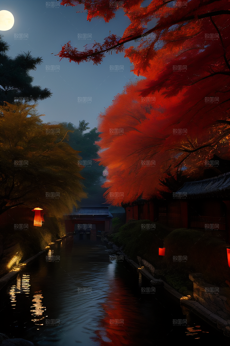 古风江南溪流畔的古建筑和红叶枫树