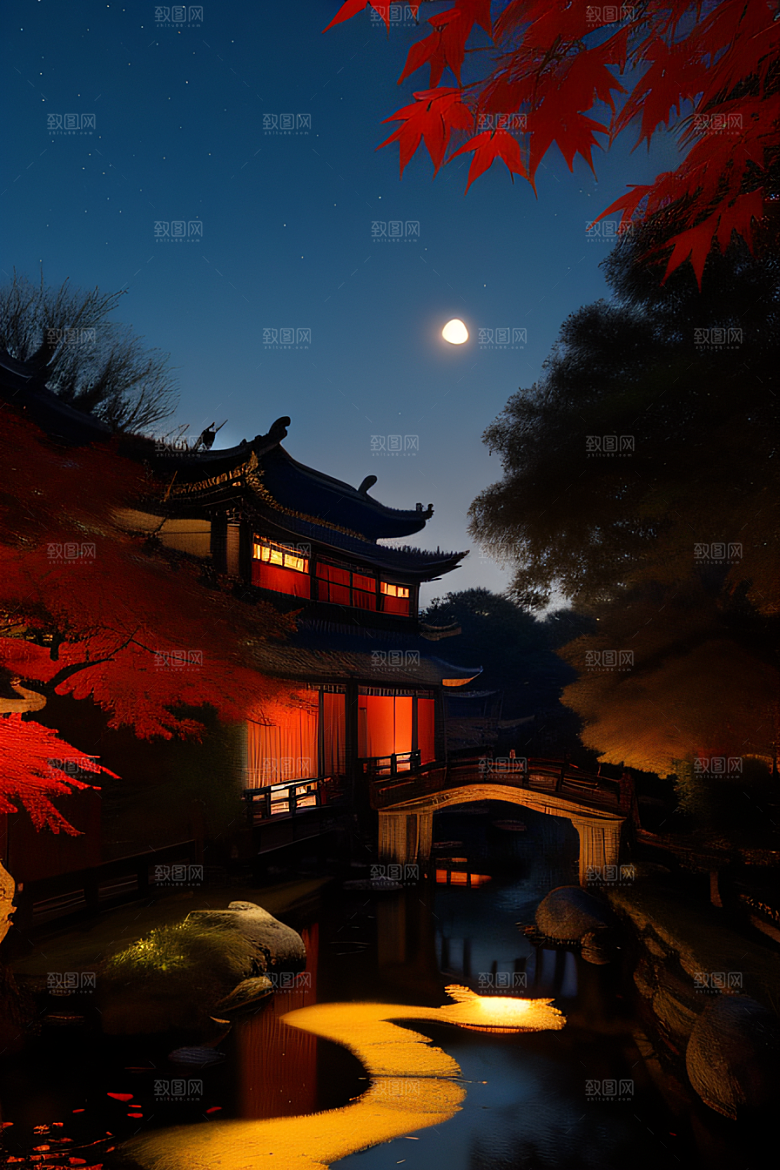 古风江南溪流畔的古建筑和红叶枫树
