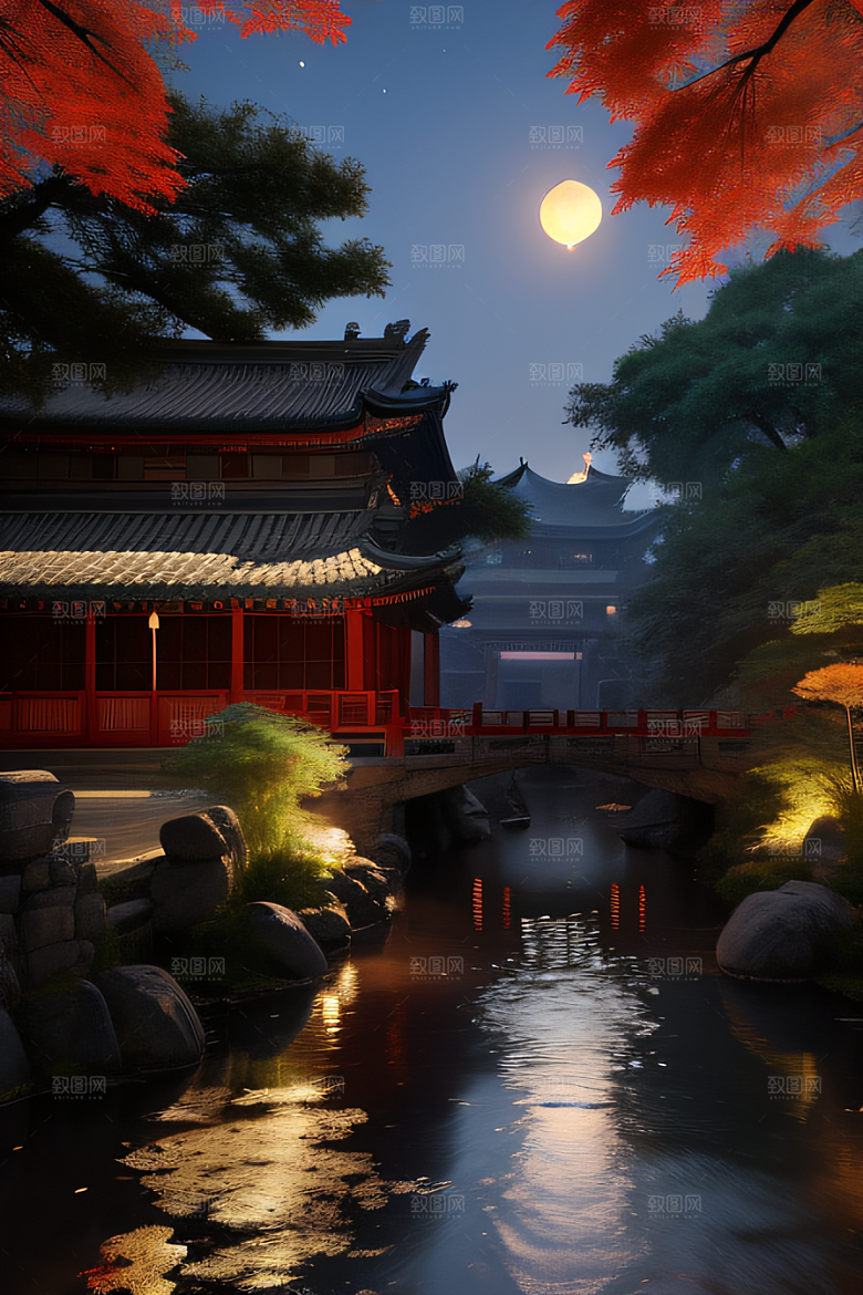 古风江南溪流畔的古建筑和红叶枫树