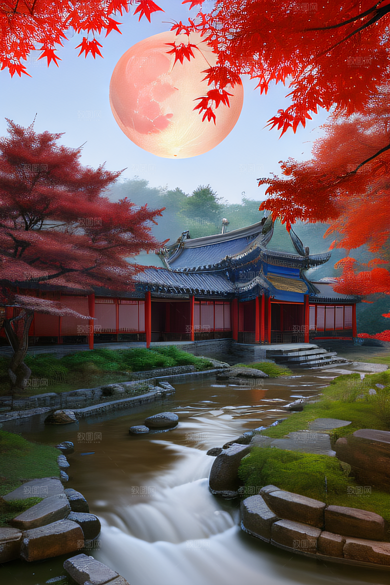 古代中国的超真实渲染溪流旁的江南古建筑
