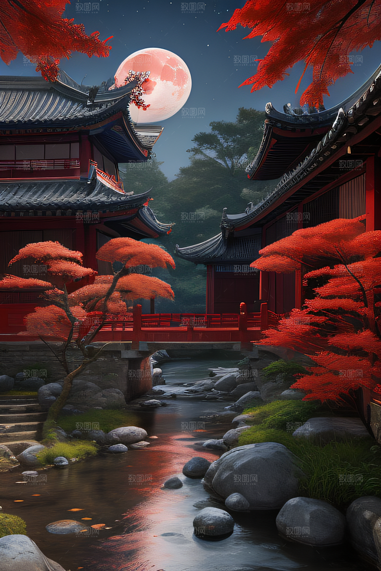 古代中国的超真实渲染溪流旁的江南古建筑