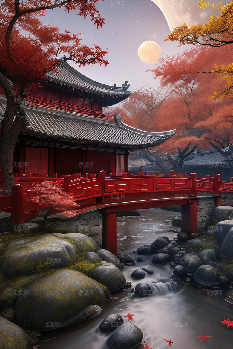 古代中国的超真实渲染溪流旁的江南古建筑