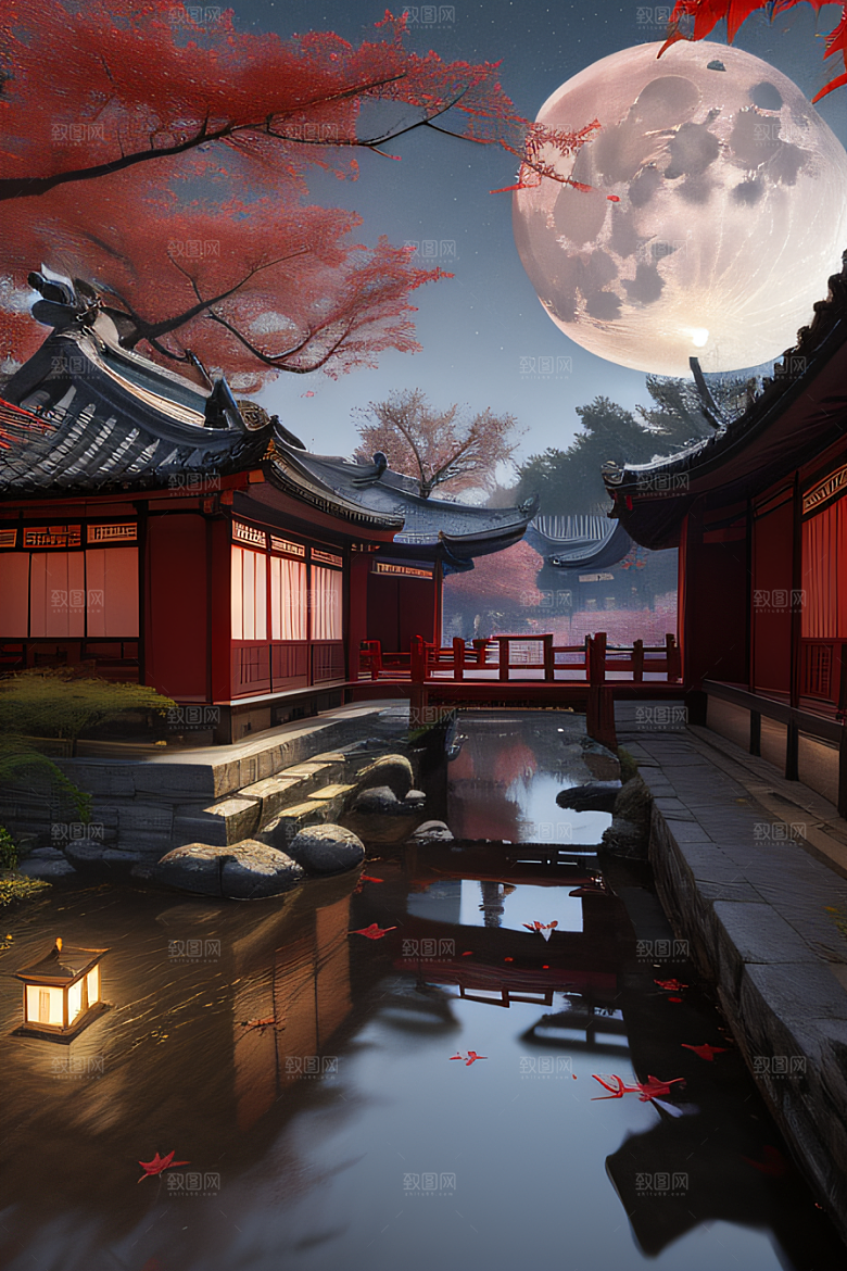 古代中国的超真实渲染溪流旁的江南古建筑