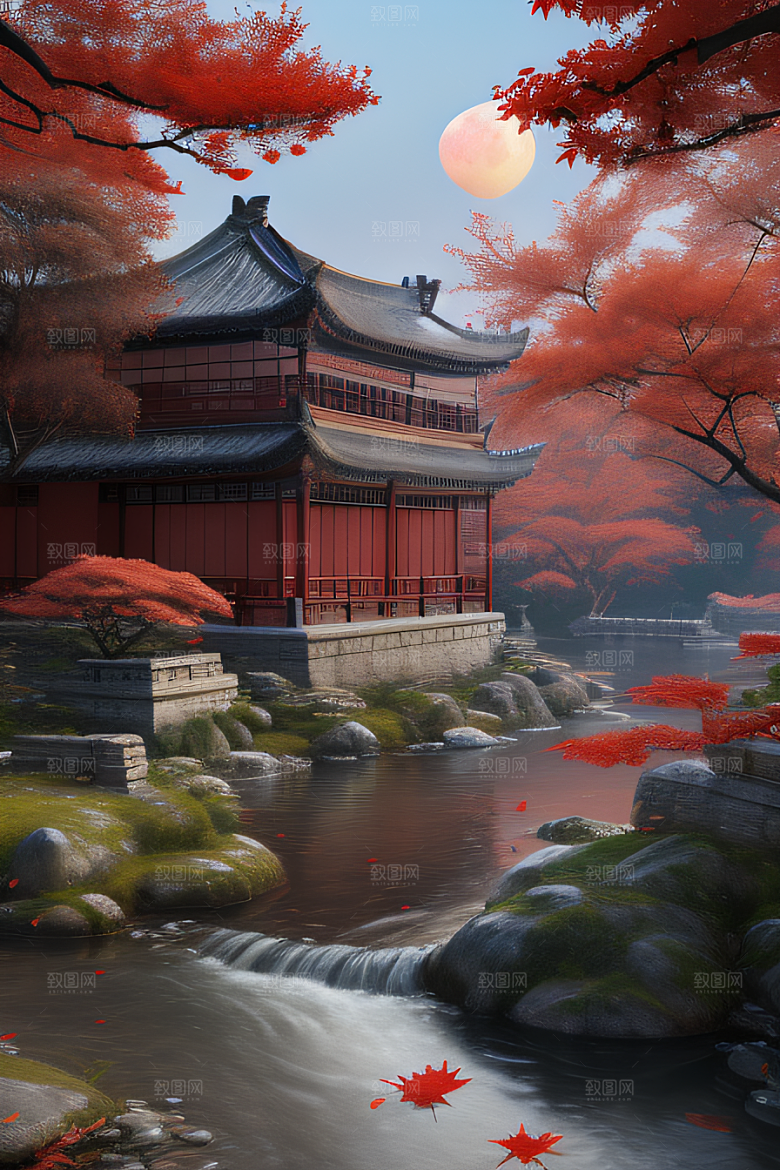 古代中国的超真实渲染溪流旁的江南古建筑