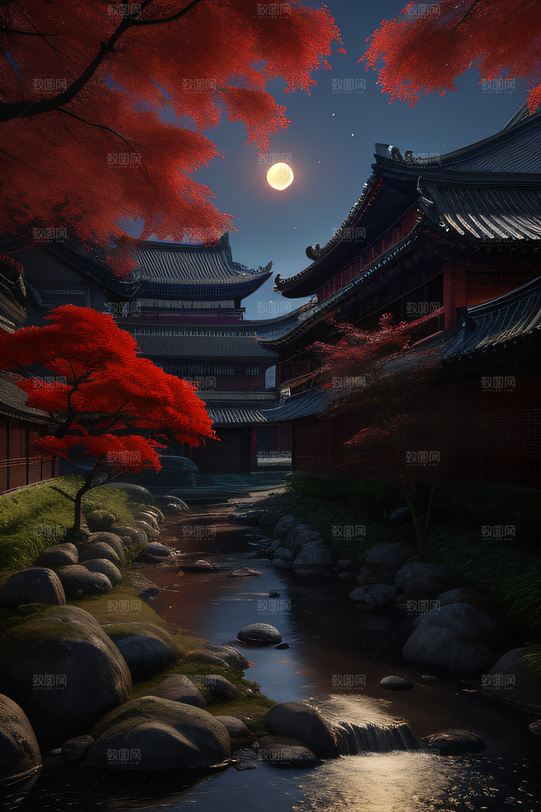 古代中国的超真实渲染溪流旁的江南古建筑