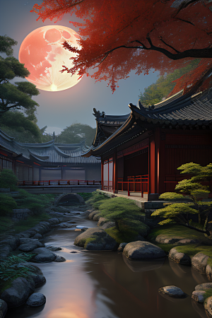 古代中国的超真实渲染溪流旁的江南古建筑