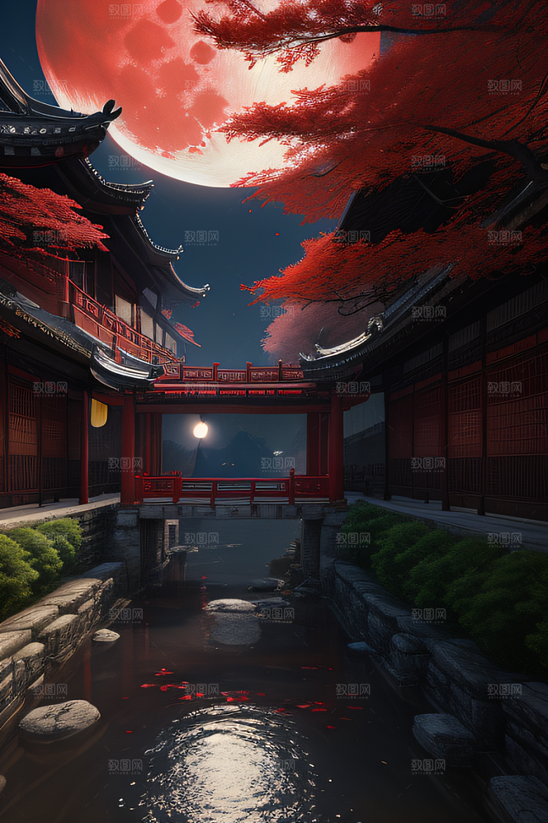 古代中国的超真实渲染溪流旁的江南古建筑
