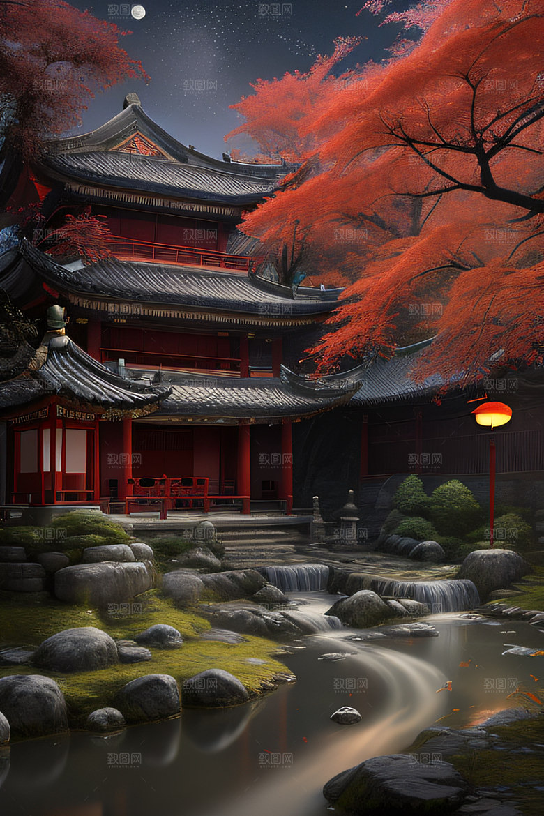 古代中国的超真实渲染溪流旁的江南古建筑
