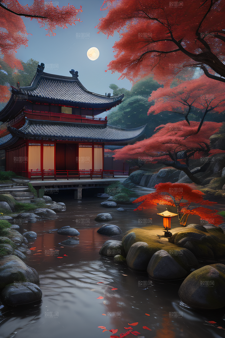 古代中国的超真实渲染溪流旁的江南古建筑