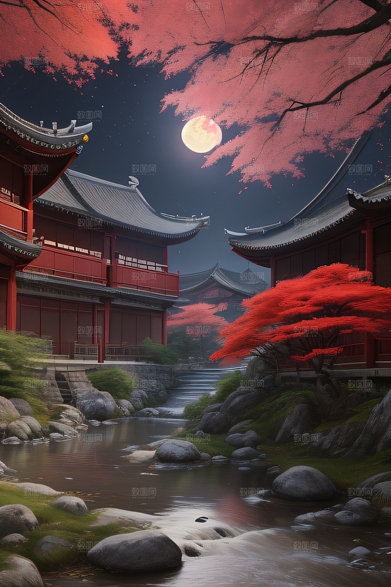 江南古建与溪流夜晚的红叶枫树与明月