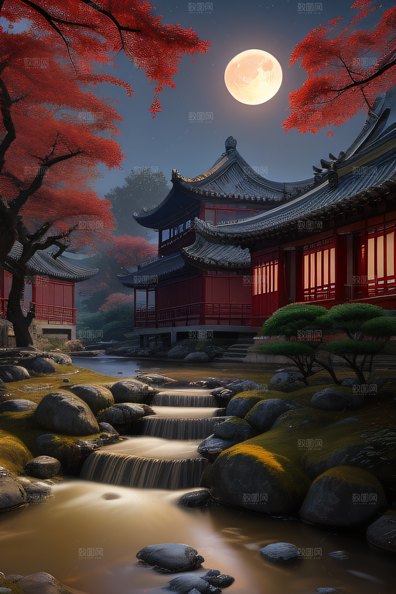 江南古建与溪流夜晚的红叶枫树与明月