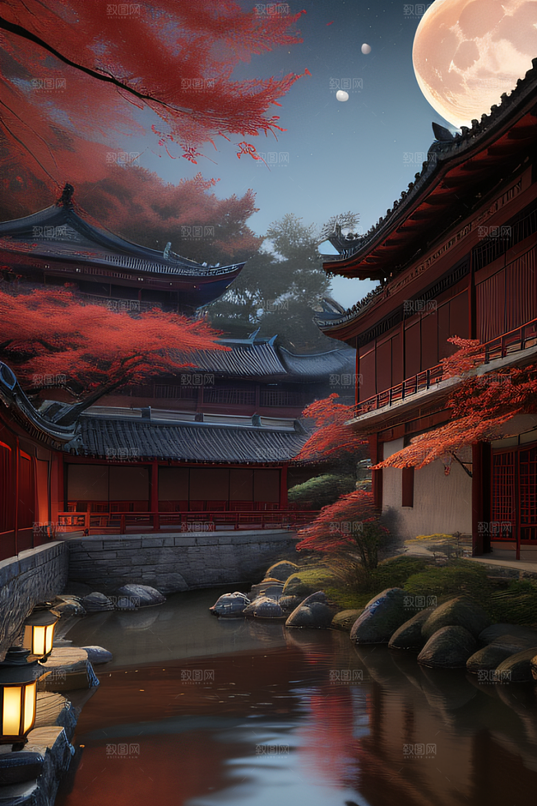 江南古建与溪流夜晚的红叶枫树与明月