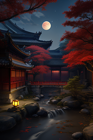 江南古建与溪流夜晚的红叶枫树与明月