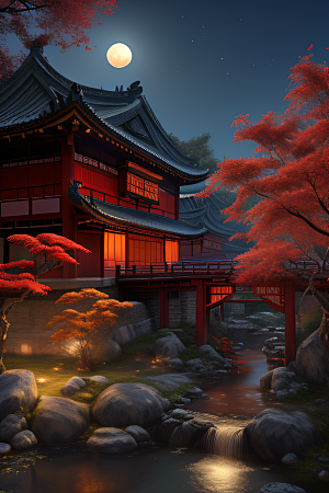 江南古建与溪流夜晚的红叶枫树与明月