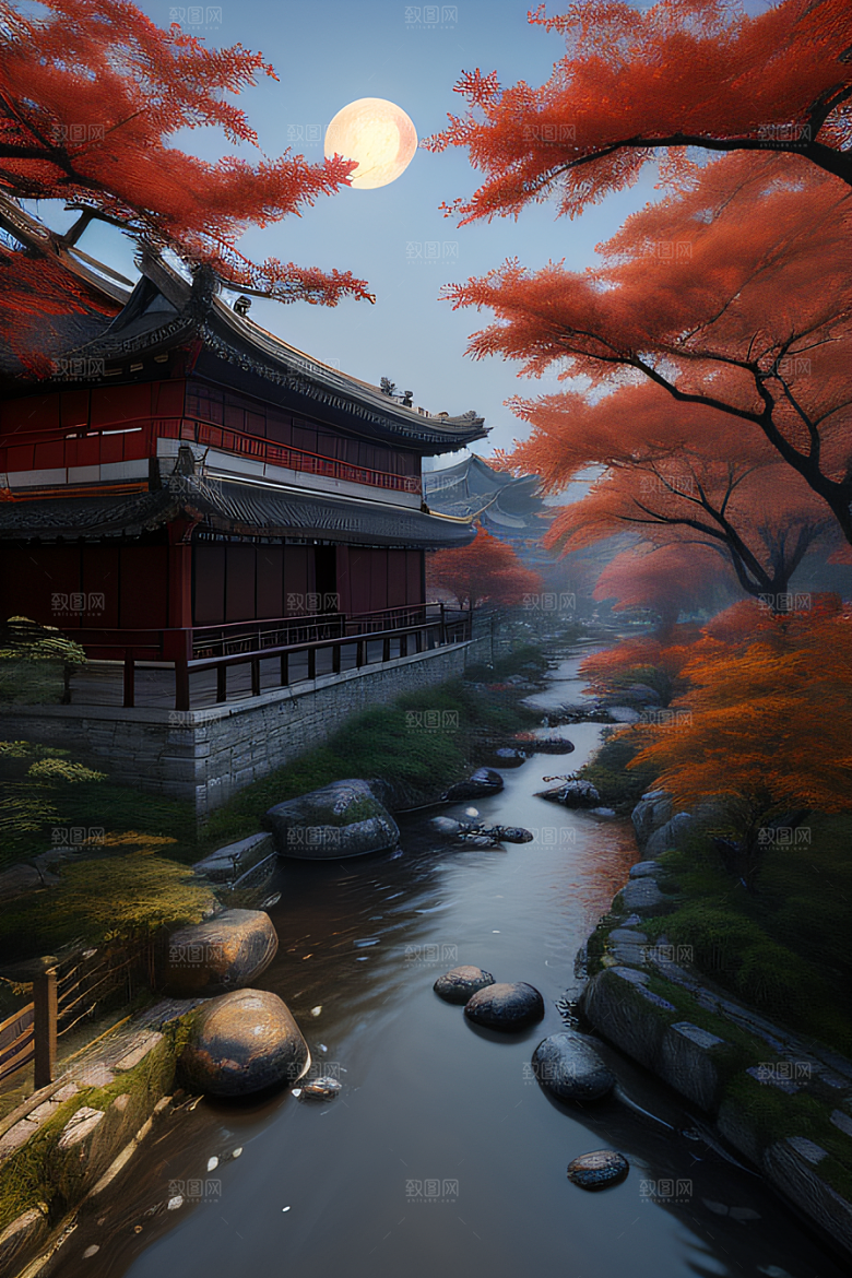 江南古建与溪流夜晚的红叶枫树与明月
