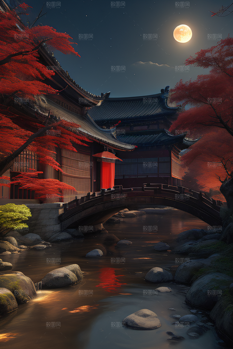 江南古建与溪流夜晚的红叶枫树与明月