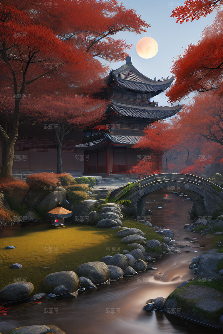 江南古建与溪流夜晚的红叶枫树与明月