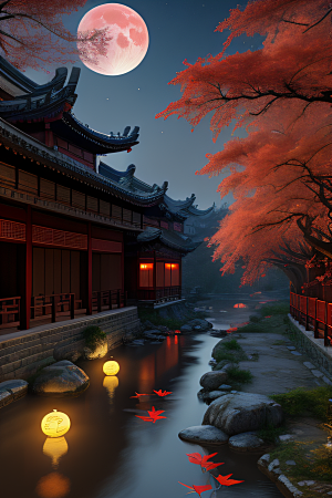 江南古建与溪流夜晚的红叶枫树与明月