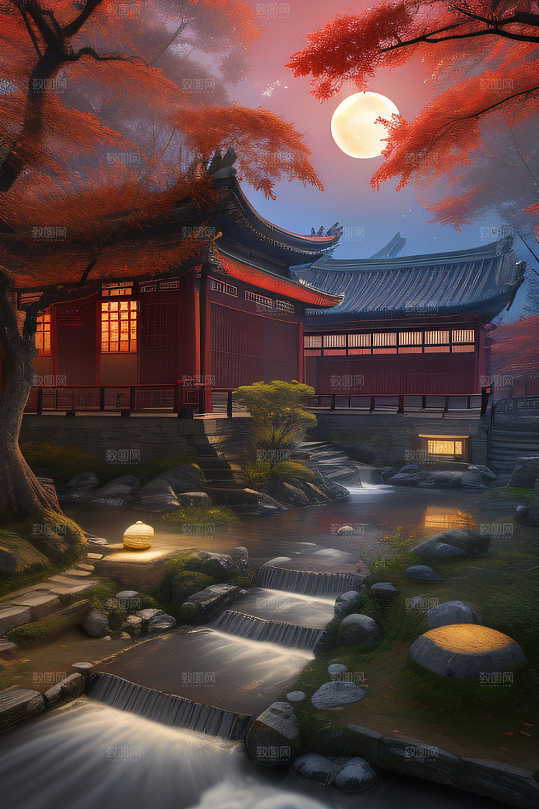 江南古建与溪流夜晚的红叶枫树与明月