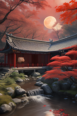 江南古建与溪流夜晚的红叶枫树与明月