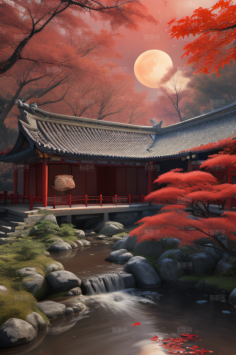 江南古建与溪流夜晚的红叶枫树与明月