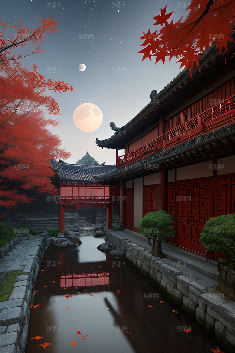 江南古建与溪流夜晚的红叶枫树与明月